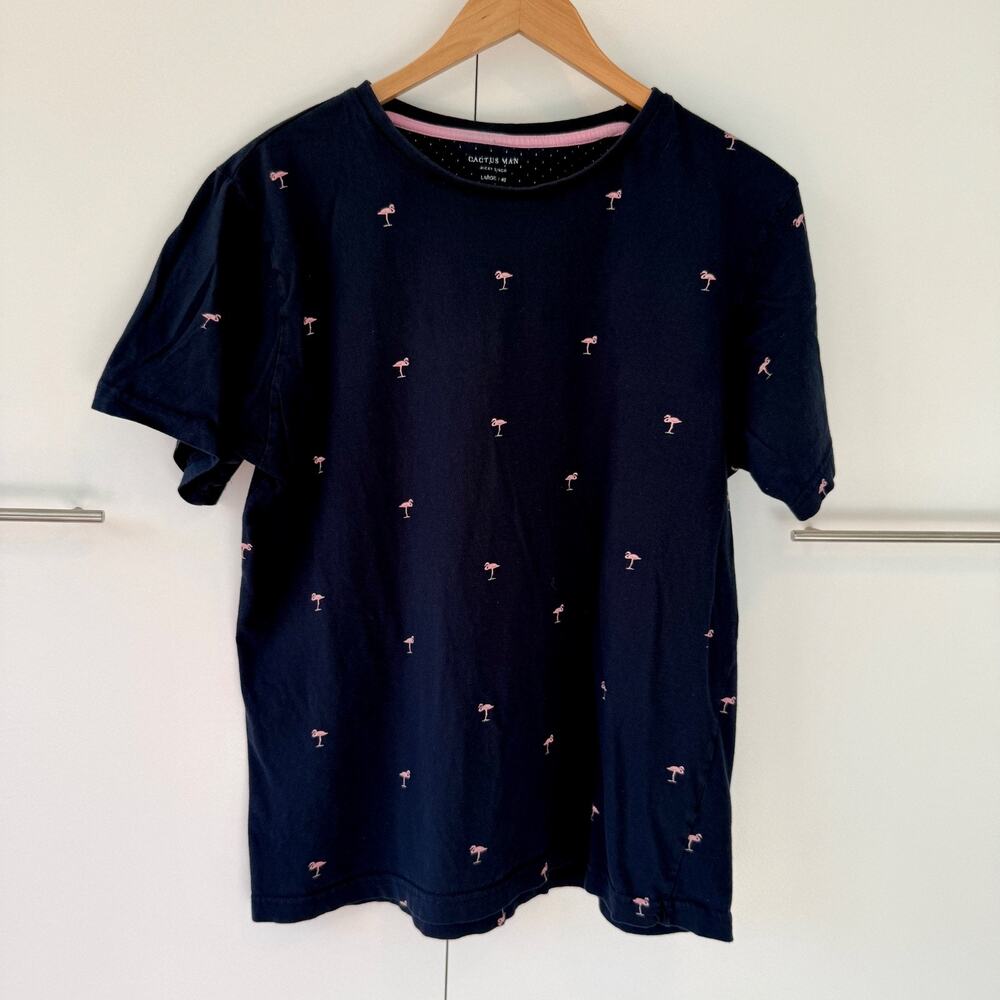 Cactus Man Ricky Singh Navy Blue Flamingo Embroidered T-Shirt Men's Large